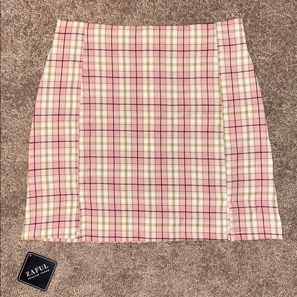 plaid front slit mini skirt rose pink